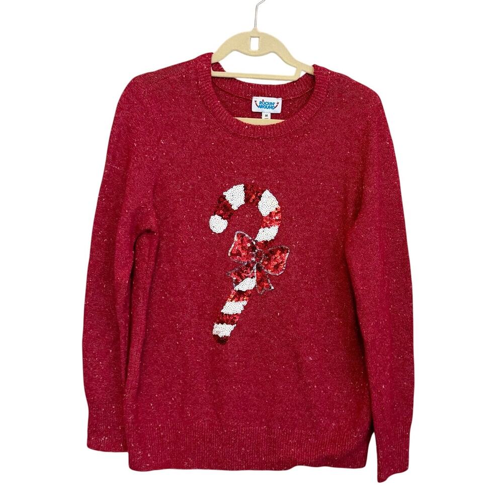 Rockin' Around Sweater Medium Red Knit Candy Cane Holiday Christmas Party Winter